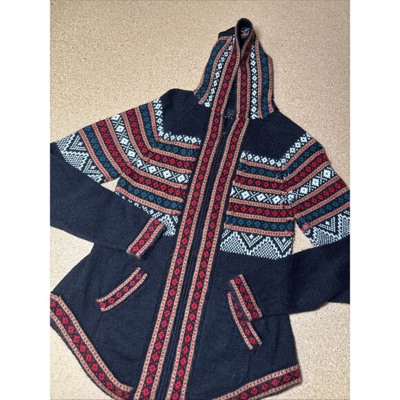 Zip Front Alpaca Hooded Cardigan Sweater size L Multicolor Pockets Knit C3 - Picture 2 of 7
